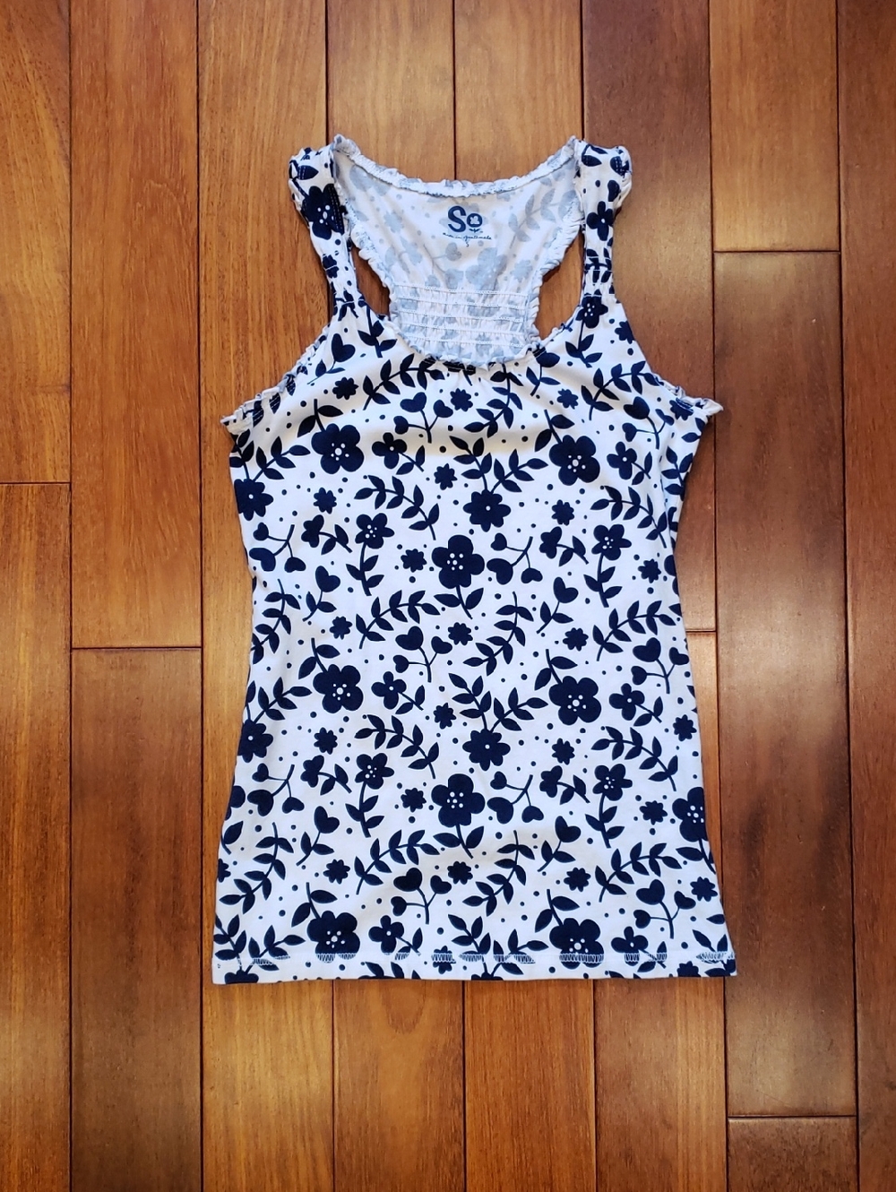 Small Floral Ruffle Racer Back tank top. White with blue